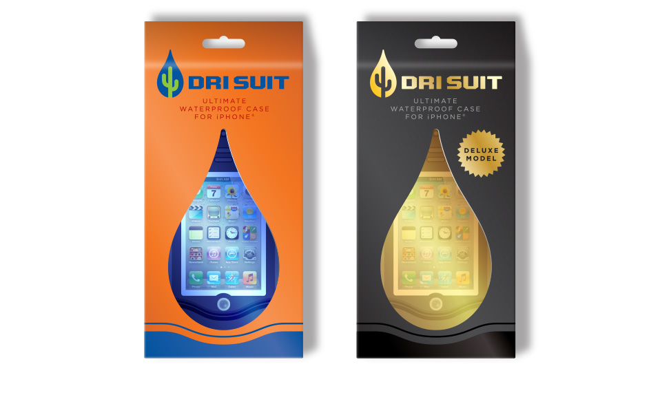 Proposed custom retail package design and graphics for Dri Suit waterproof phone cases.