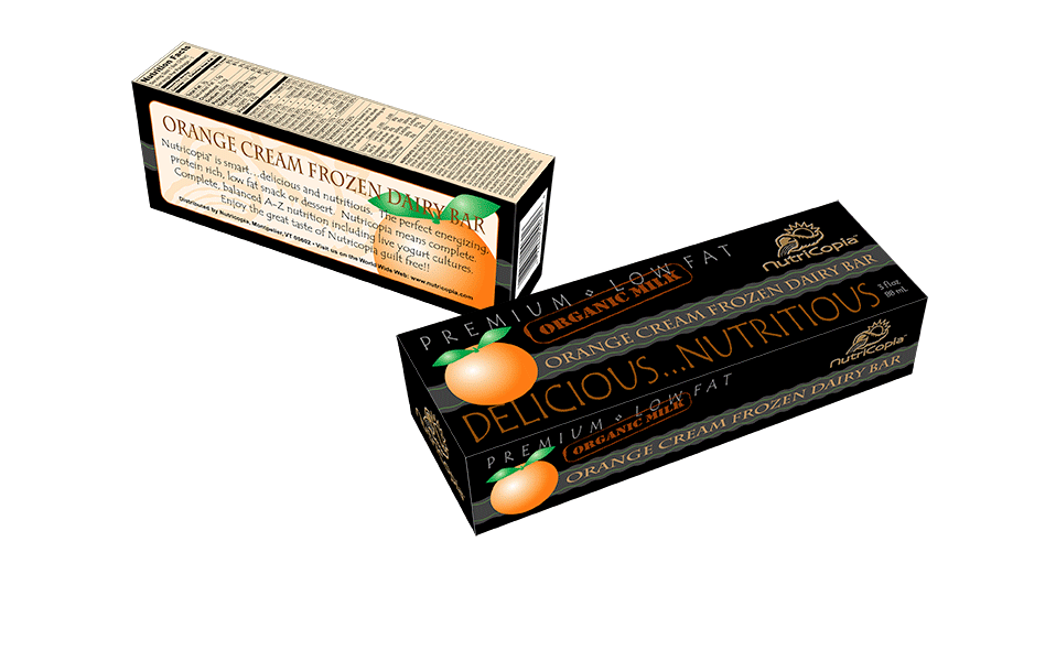 Retail packaging (individual serving) for a nutritious frozen dairy bar from NutriCopia.