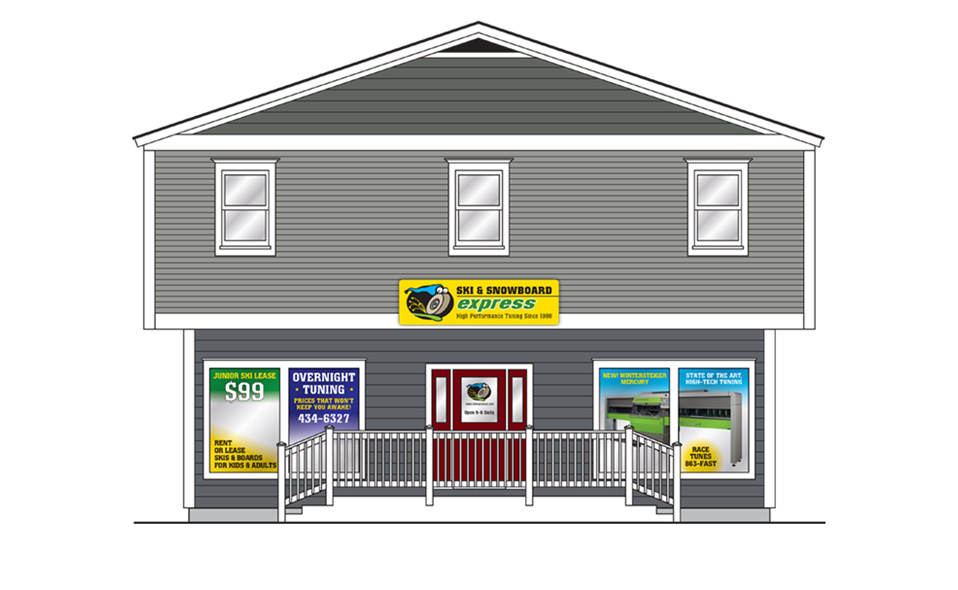 Building front elevation diagram created for Ski and Snowboard Express, to assist with signage visualization.