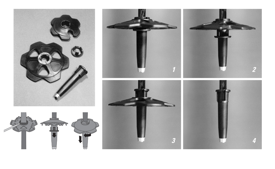 Interchangeable ski basket system for Kerma Poles.