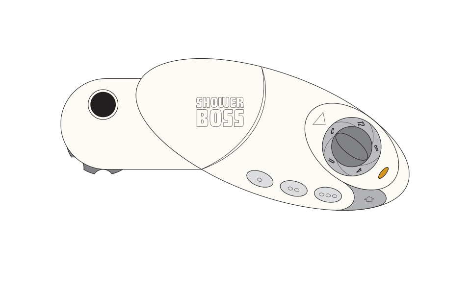 Product design sketch for a shower timer & shut-off, called the Shower Boss (front view). Product idea by a frustrated dad with teens.